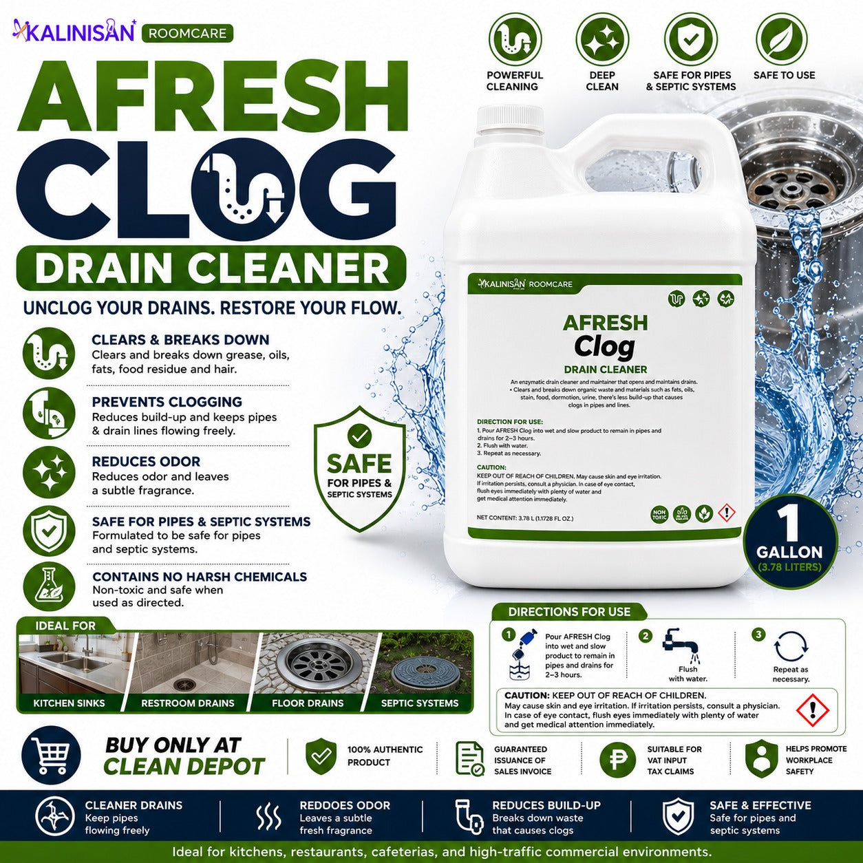 Kalinisan Afresh Clog Drain Cleaner 1 Gallon | Pipe & Drain Clog Remover
