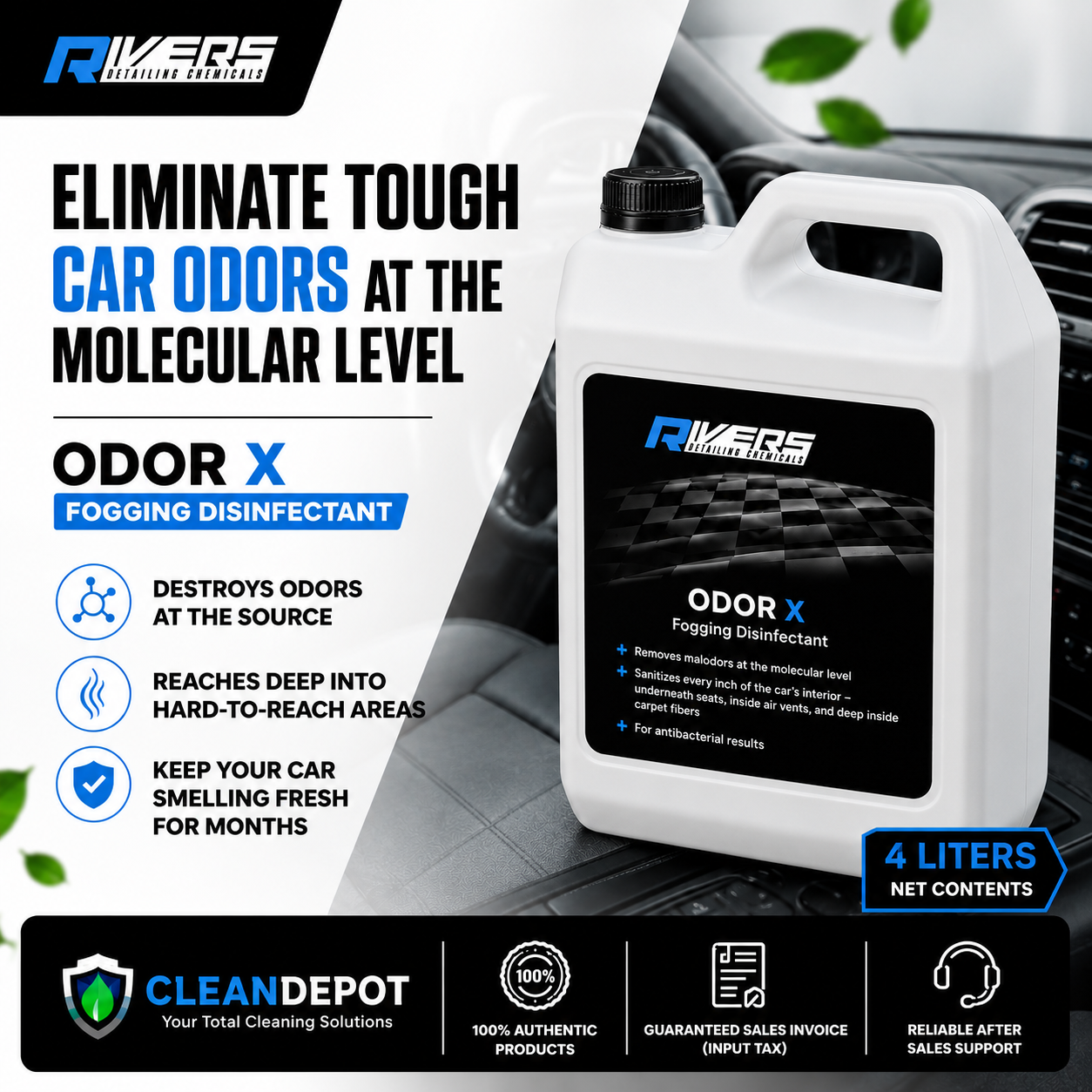 Rivers Odor X Fogging Disinfectant 500mL & 4L | Car Odor Eliminator & Interior Sanitizer