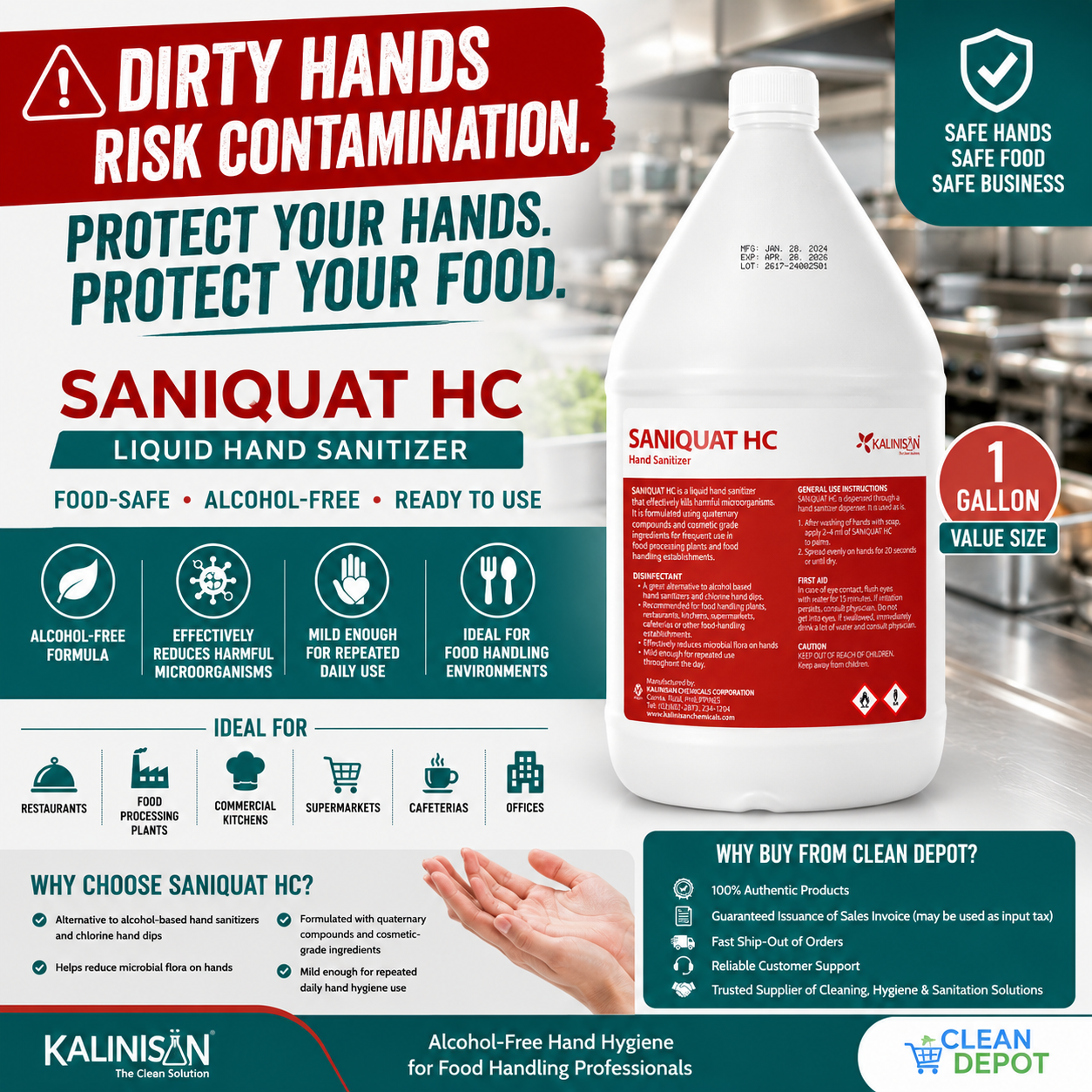 SANIQUAT HC Alcohol-Free Hand Sanitizer 1 Gallon | Food Safe Hand Hygiene