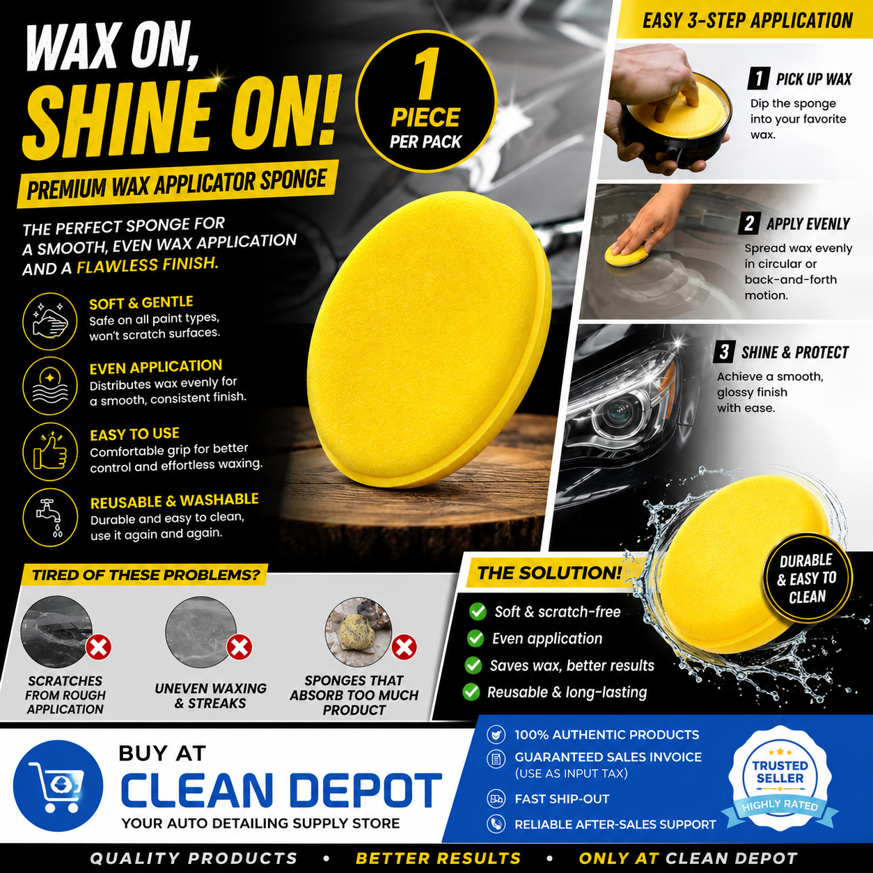 Premium Wax Applicator Sponge 1pc | Soft Foam Pad for Car Wax, Polish & Sealant