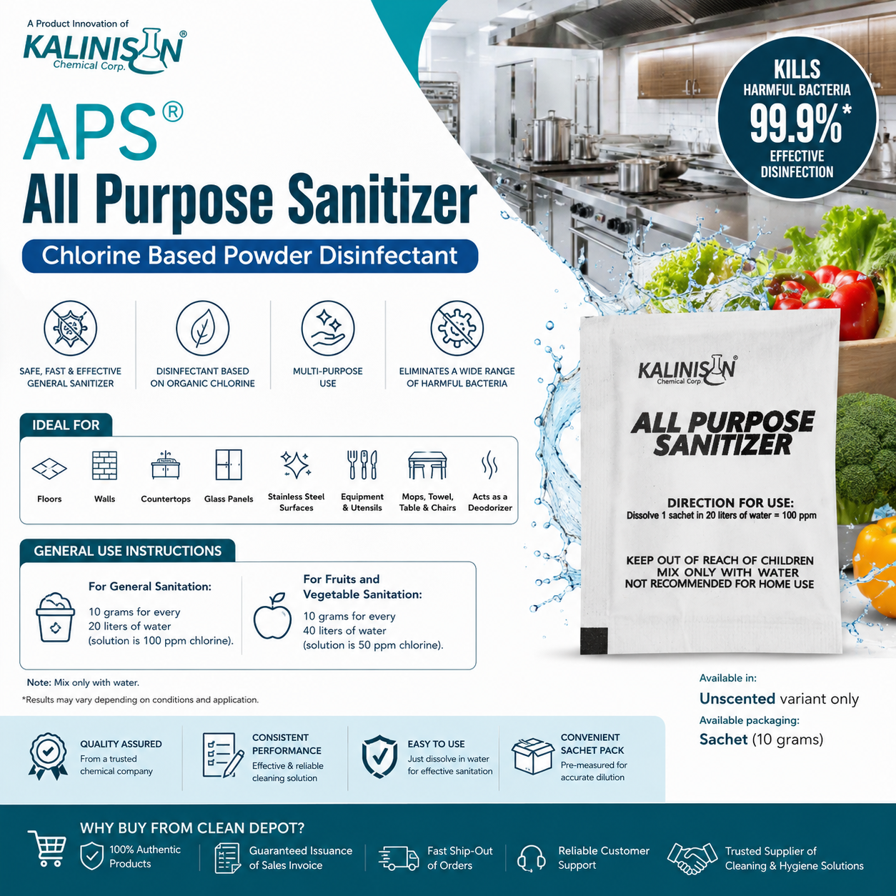 APS All Purpose Sanitizer Sachet 10g | Chlorine-Based Powder Disinfectant
