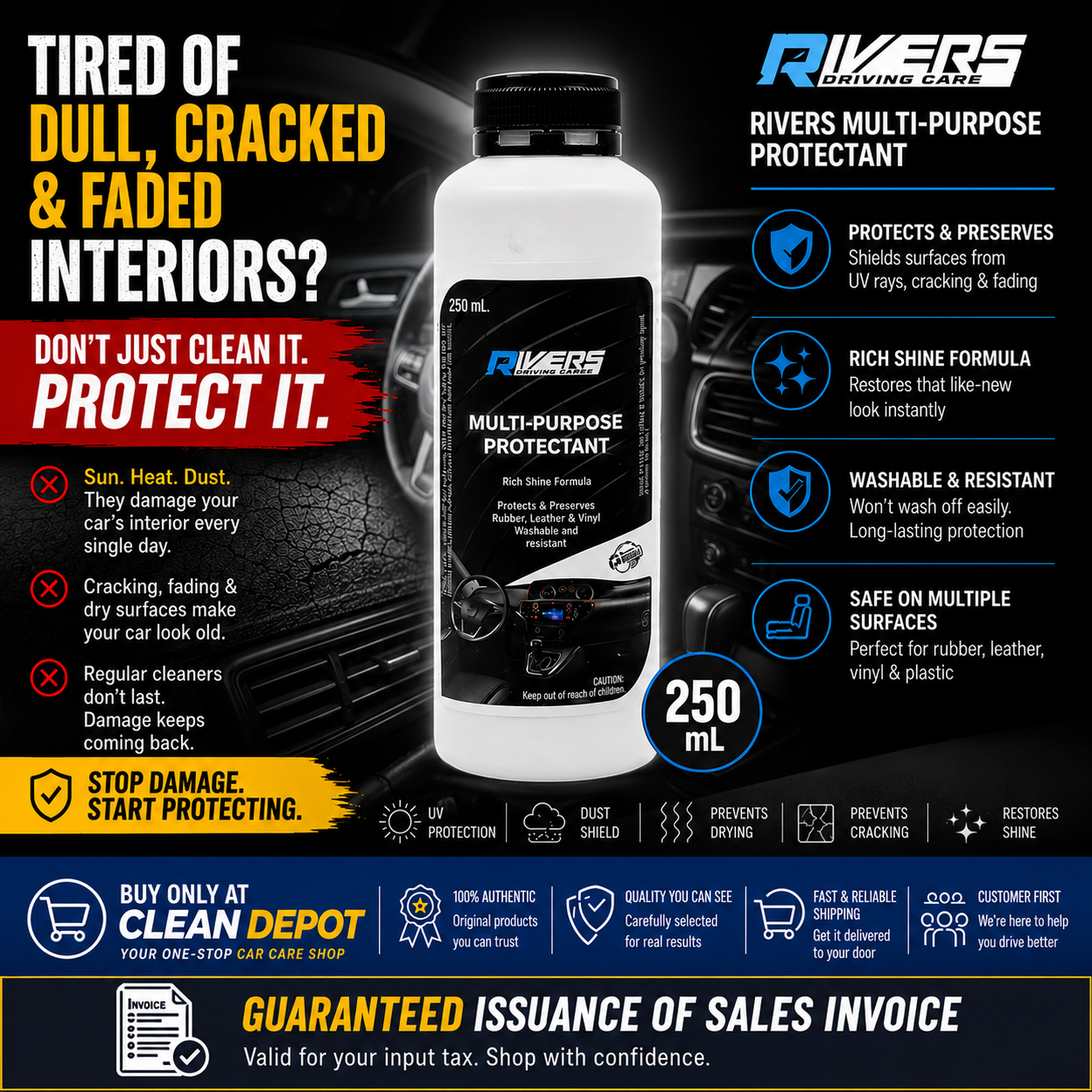 Rivers Multi-Purpose Protectant 250mL | Restores Shine & Protects Vinyl, Rubber & Leather