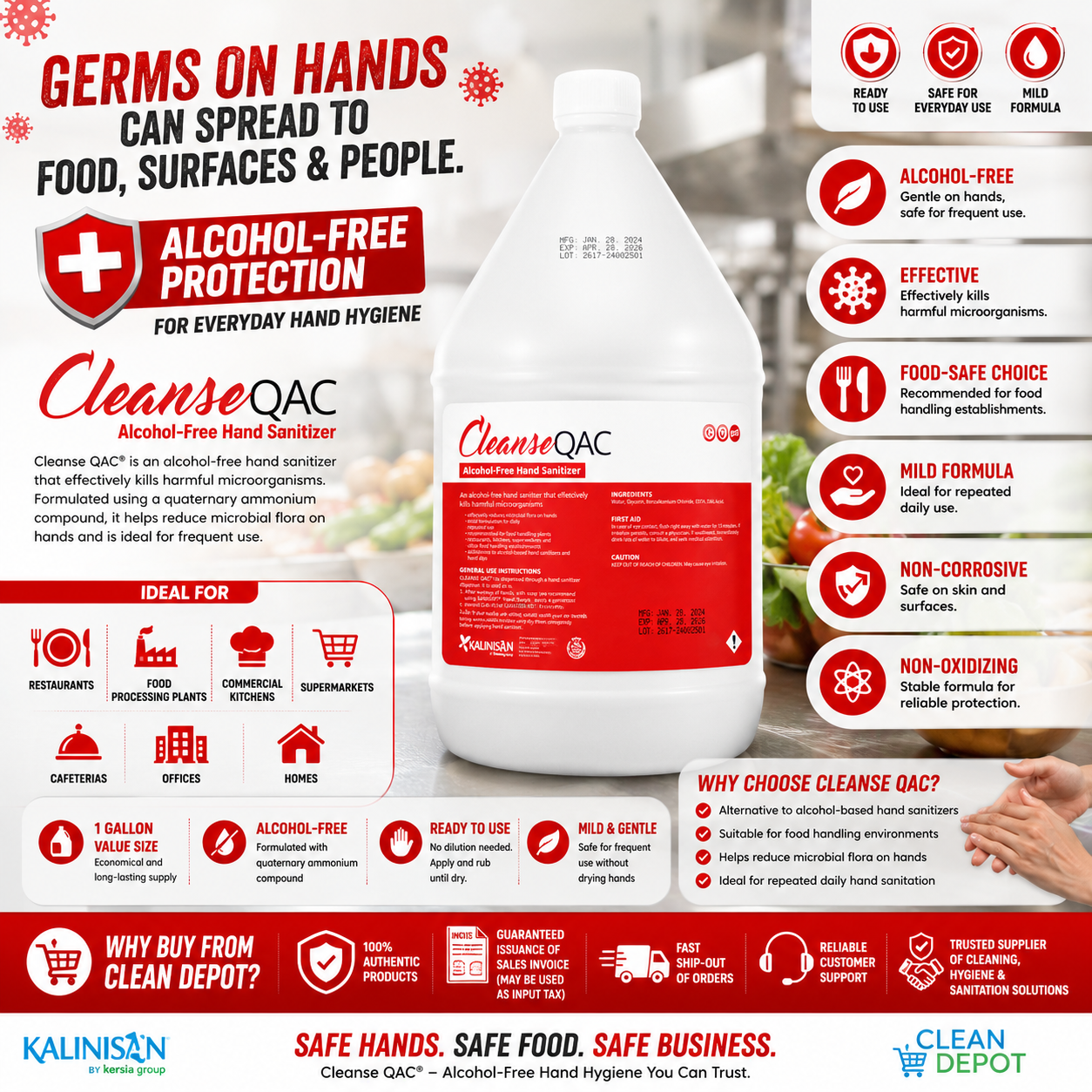 Cleanse QAC Alcohol-Free Hand Sanitizer 1 Gallon | Food Safe Hand Hygiene Solution