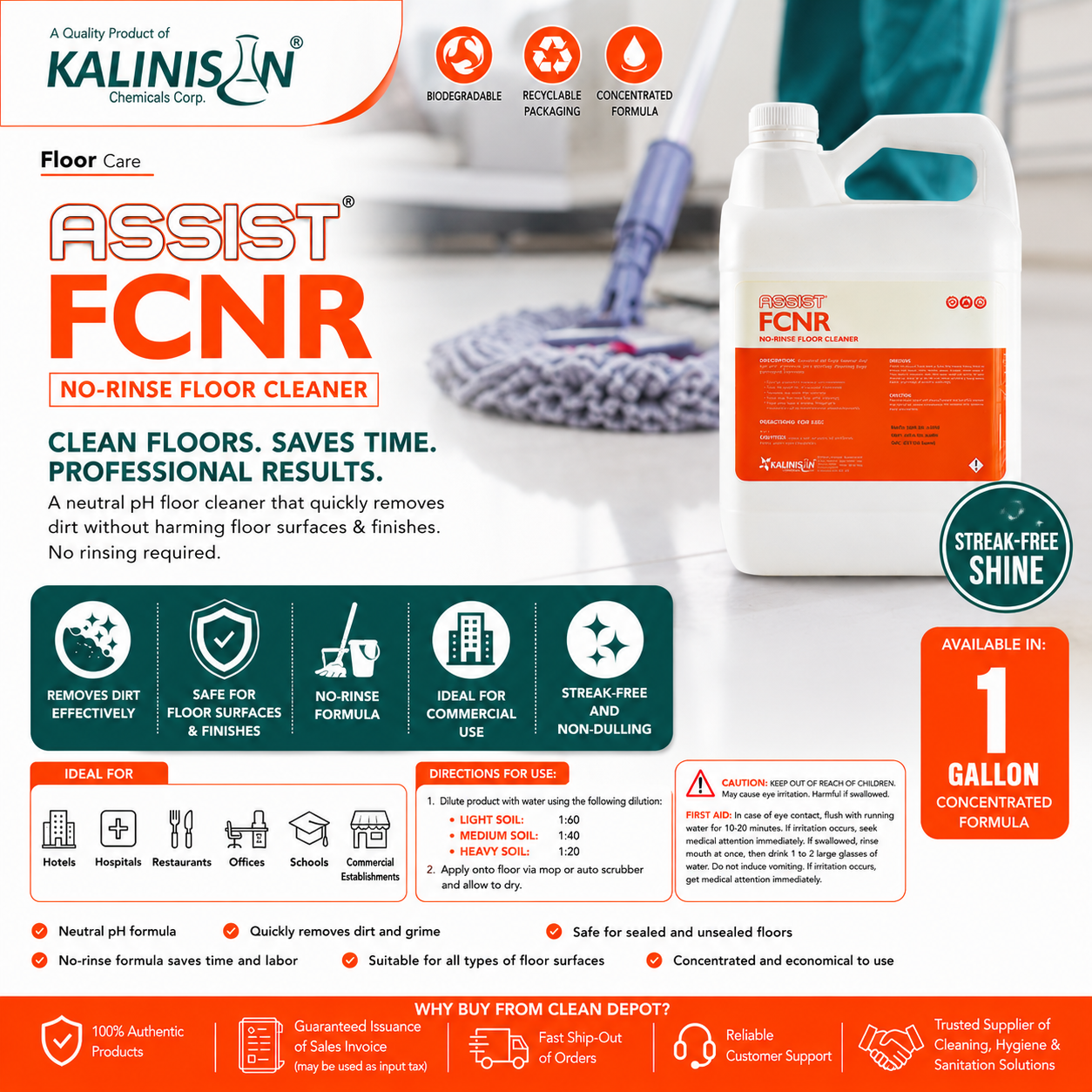 ASSIST FCNR No-Rinse Floor Cleaner 1 Gallon | Neutral pH Multi-Surface
