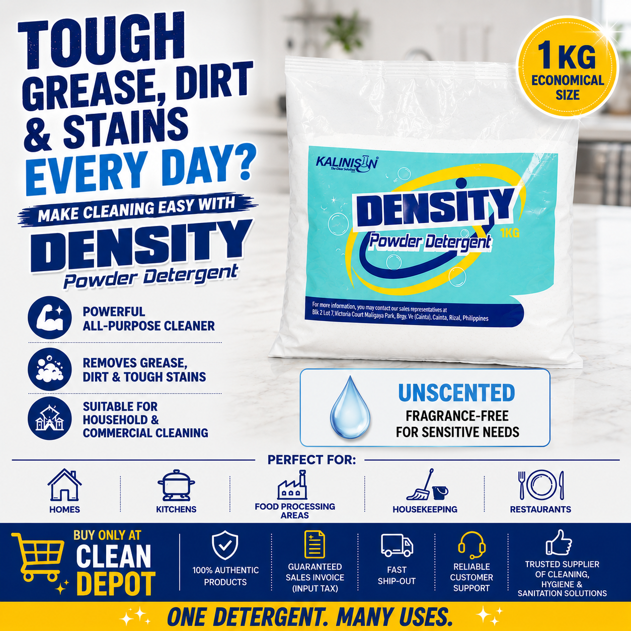 DENSITY Powder Detergent 1KG | Scented & Unscented | Removes Grease, Dirt & Stains