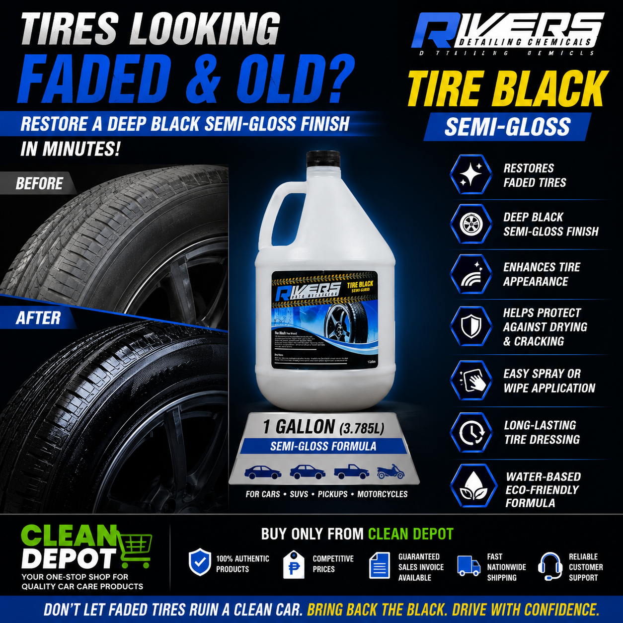 Rivers Tire Black 1 Gallon | Semi-Gloss & Biodegradable Tire Restorer Protectant