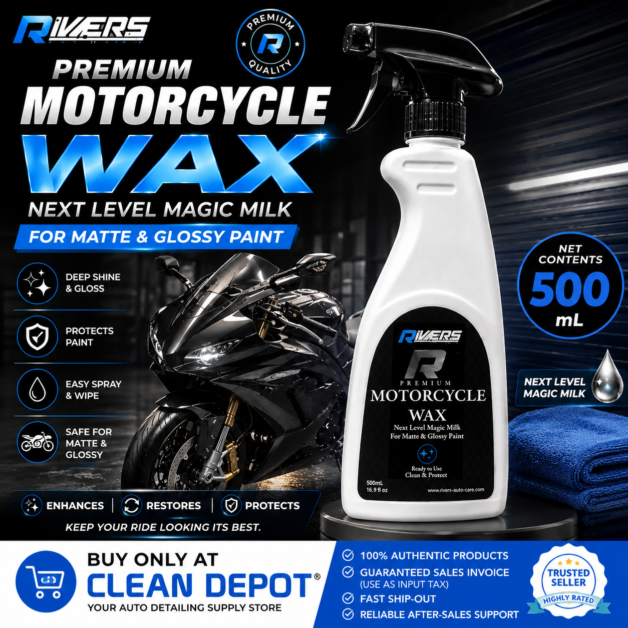 Rivers Premium Motorcycle Wax 500mL | Spray Wax for Matte & Glossy Paint Protection