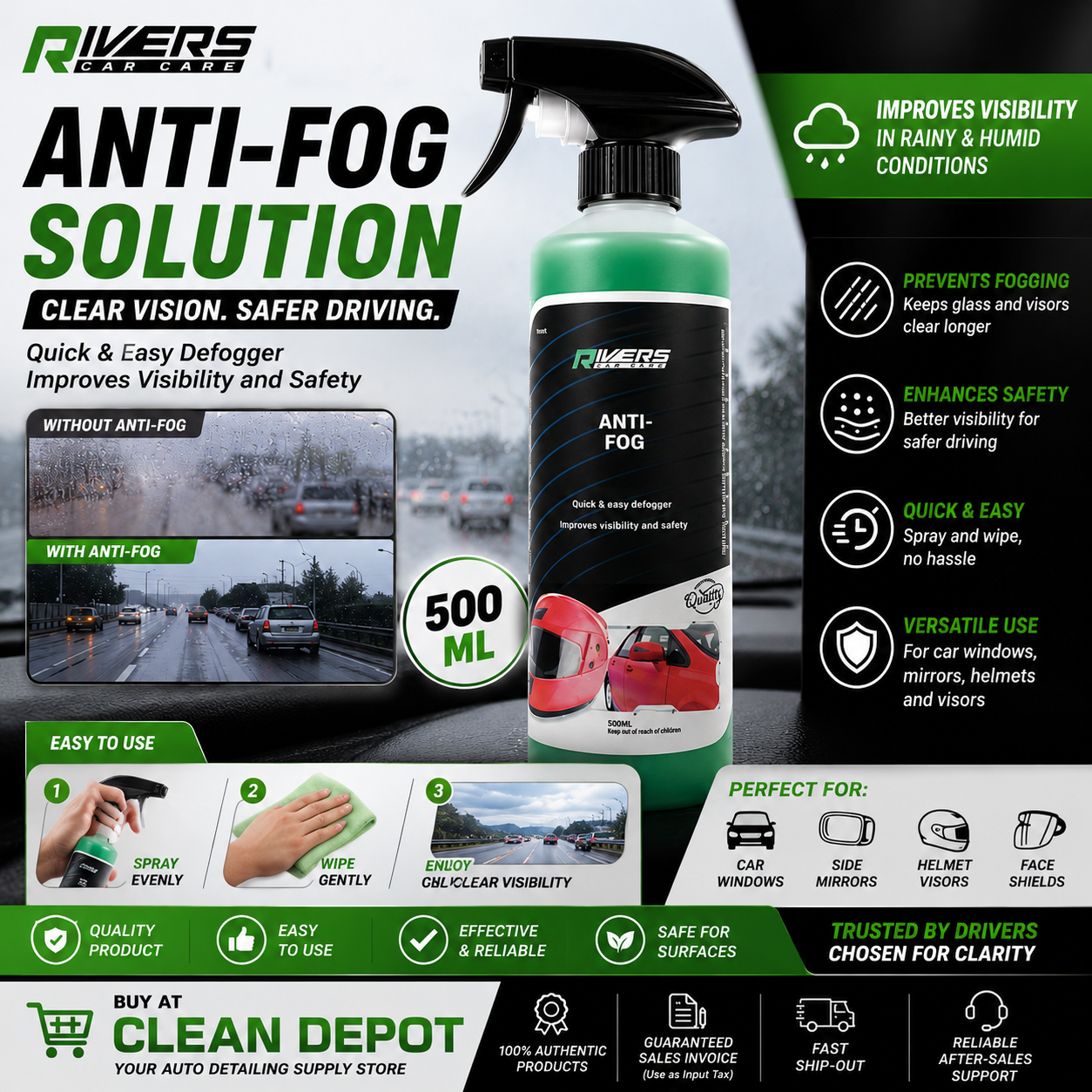 Rivers Anti-Fog Solution 500mL | Defogger for Glass, Visors & Windshields