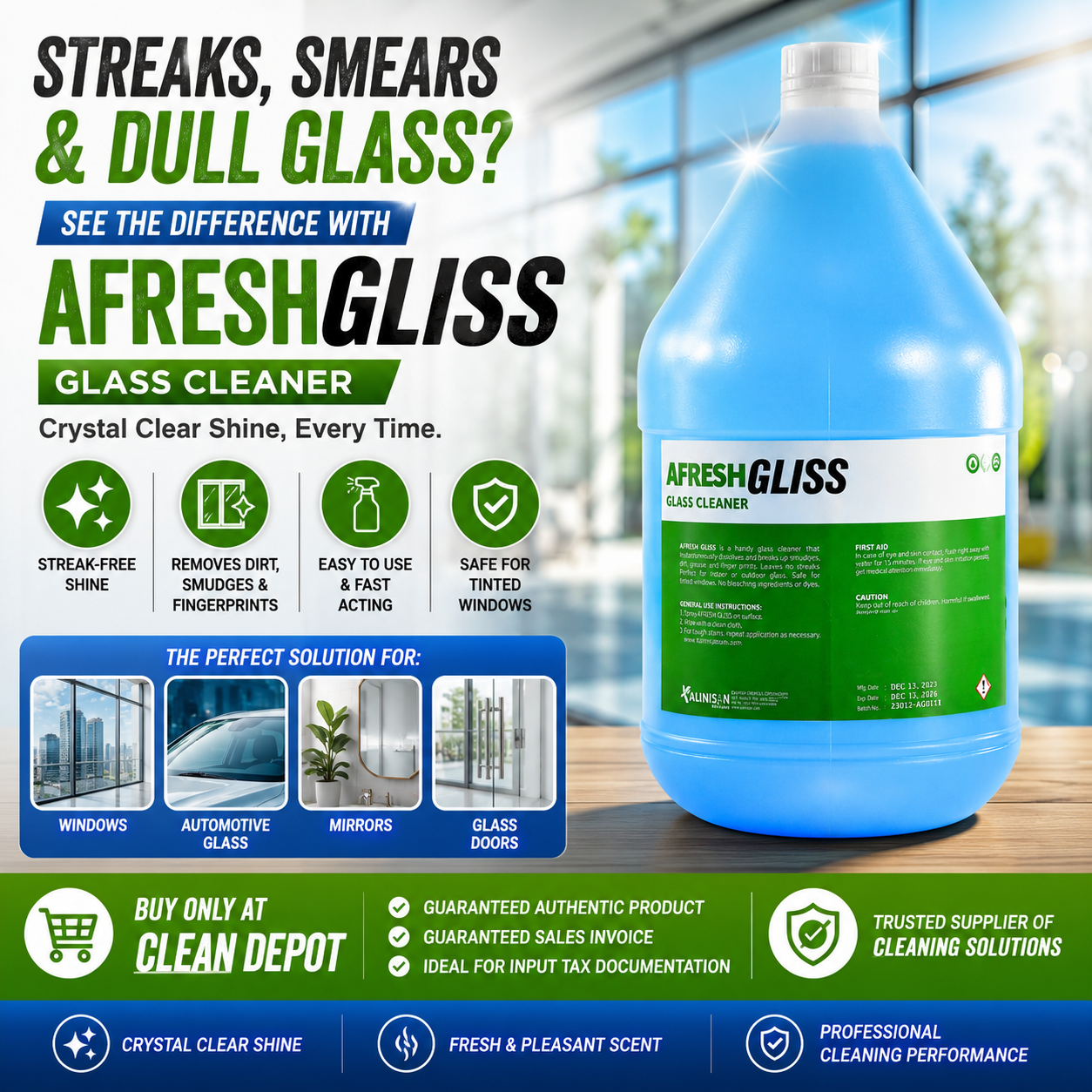 AFRESH GLISS Glass Cleaner 1 Gallon | Streak-Free Glass, Mirror & Window Cleaner