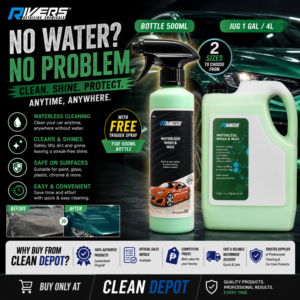 Rivers Waterless Wash & Wax | No-Rinse Car Cleaner & Wax | 500ml & 4L