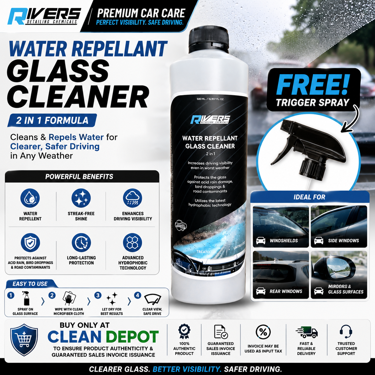 Rivers Water Repellant Glass Cleaner 500ml | Free Trigger Spray | Rain Repellent