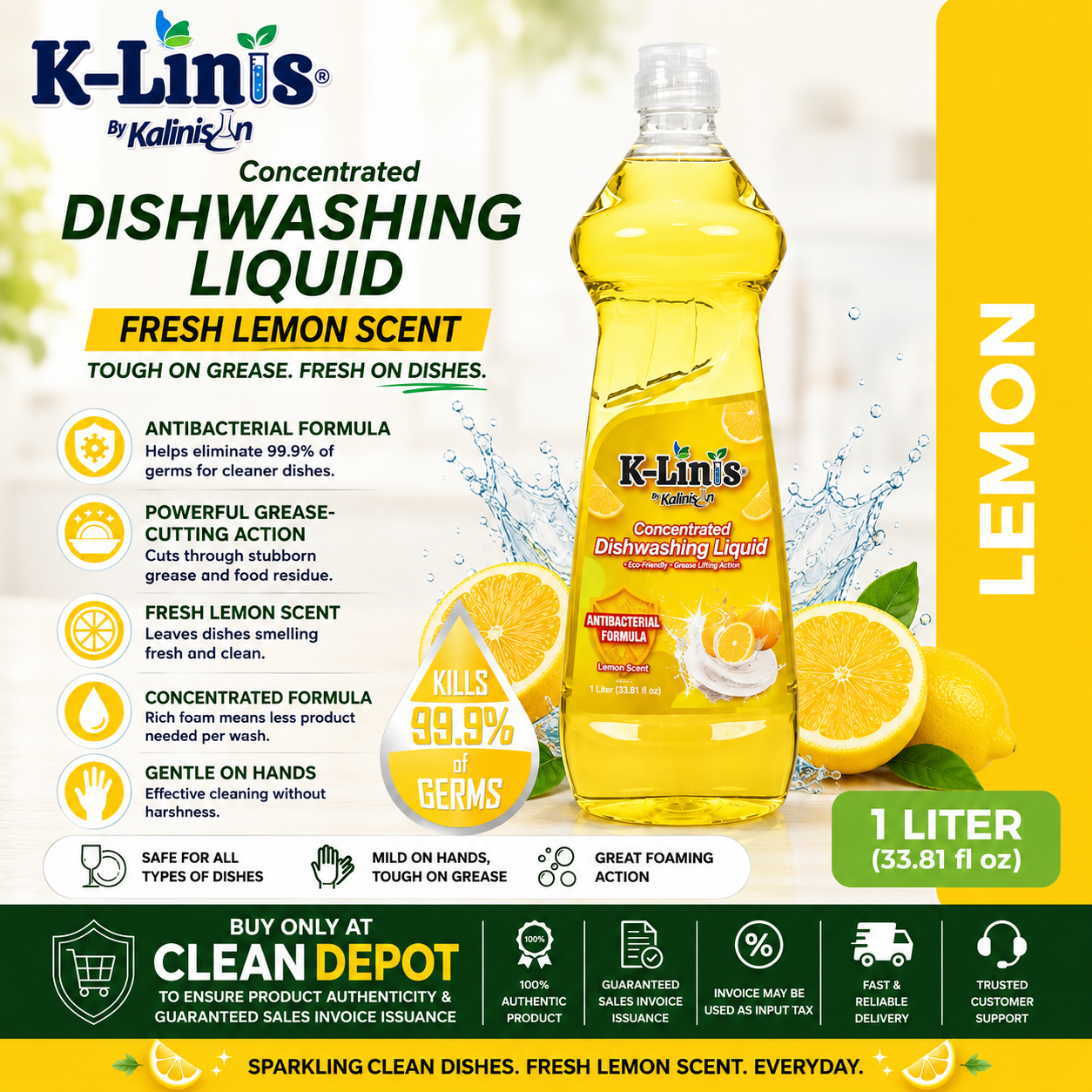 K-Linis Fresh Lemon Dishwashing Liquid | Antibacterial Grease-Cutting Formula | 1L & 1 Gallon