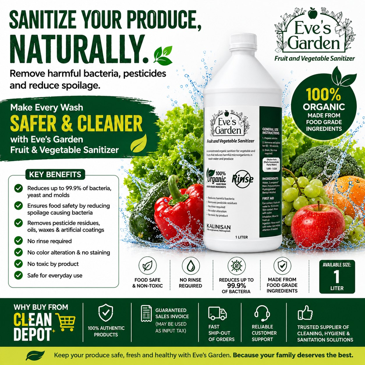 Eve's Garden Fruit & Vegetable Sanitizer 1 Liter | Organic No-Rinse Produce Wash