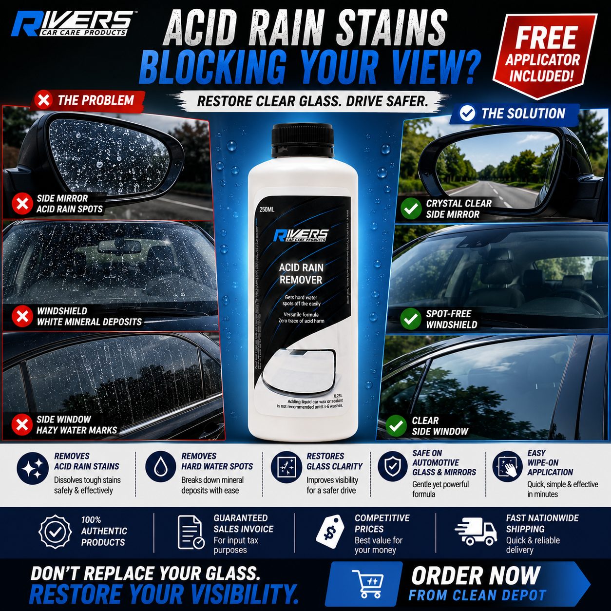 Rivers Acid Rain Remover 250ml + Free Applicator | Car Glass Water Spot Remover