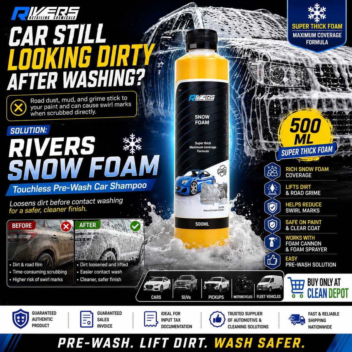 Rivers Snow Foam Pre-Wash Car Shampoo | 500ml & 4L Thick Foam Cleaner
