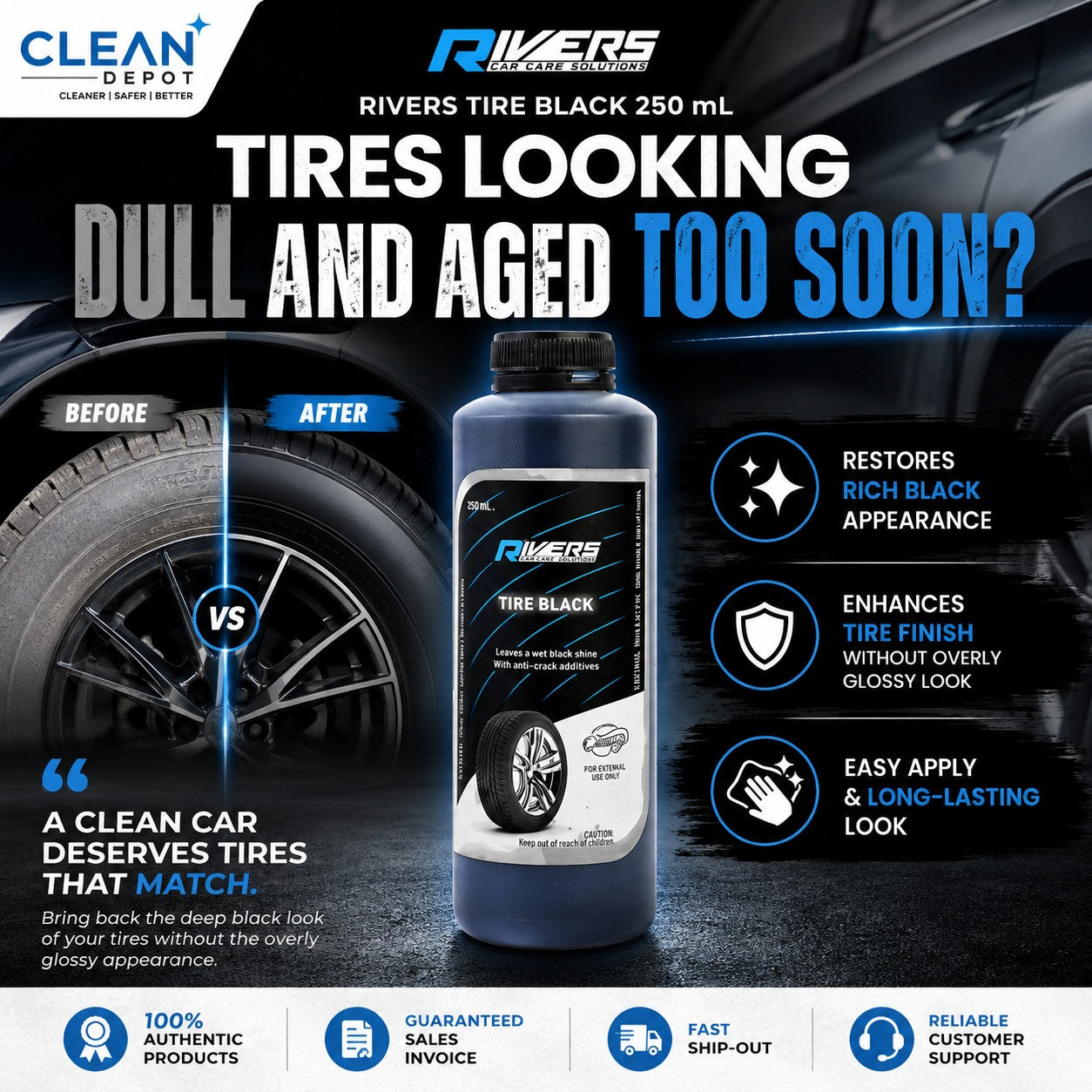 Rivers Tire Black 250mL | Tire Shine, Black Tire Restorer & Protectant
