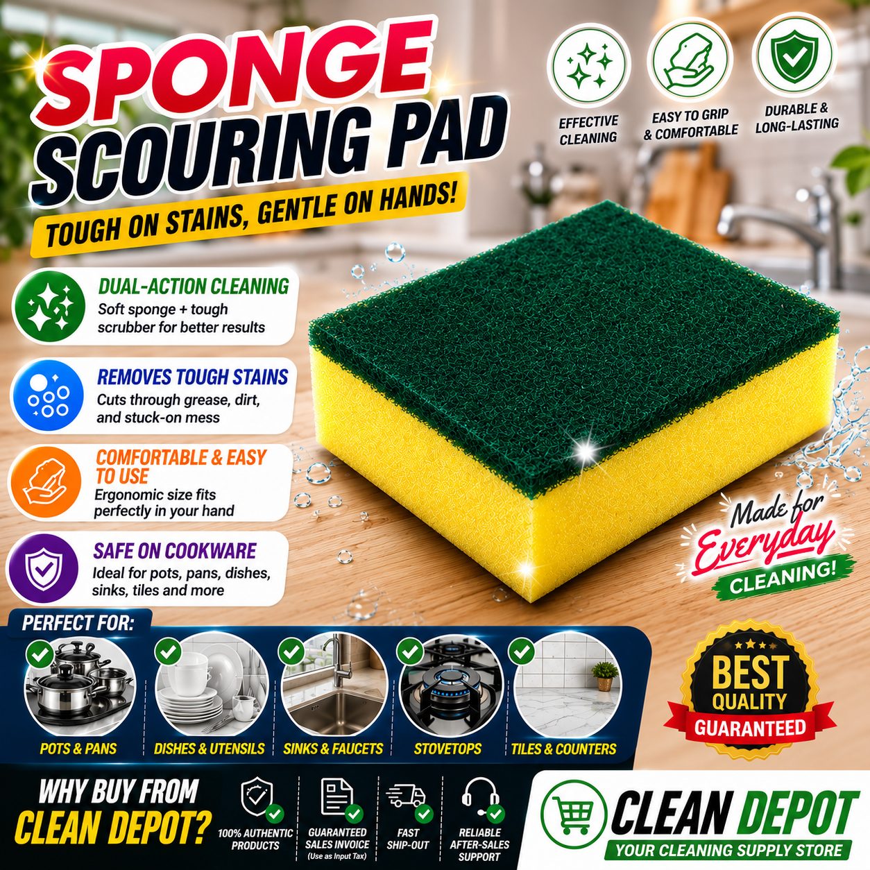 Kitchen Sponge Scouring Pad 1pc | Dual-Sided Scrubber for Dishes & Cookware