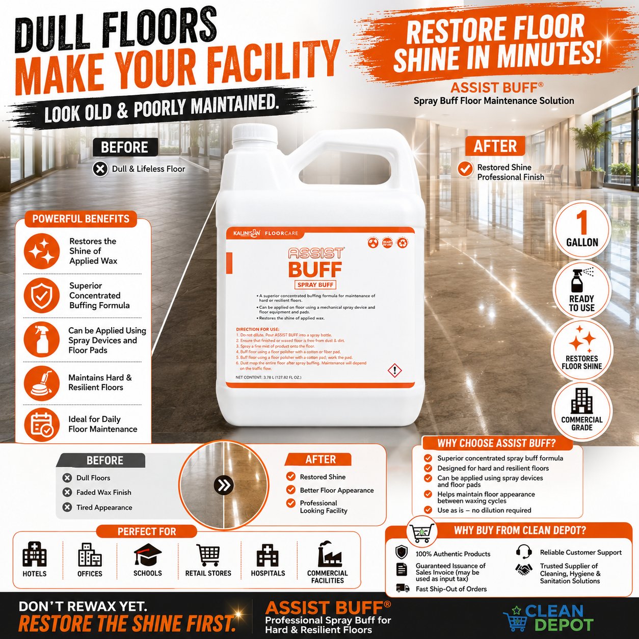 ASSIST BUFF Spray Buff Floor Maintainer 1 Gallon | Restores Floor Shine