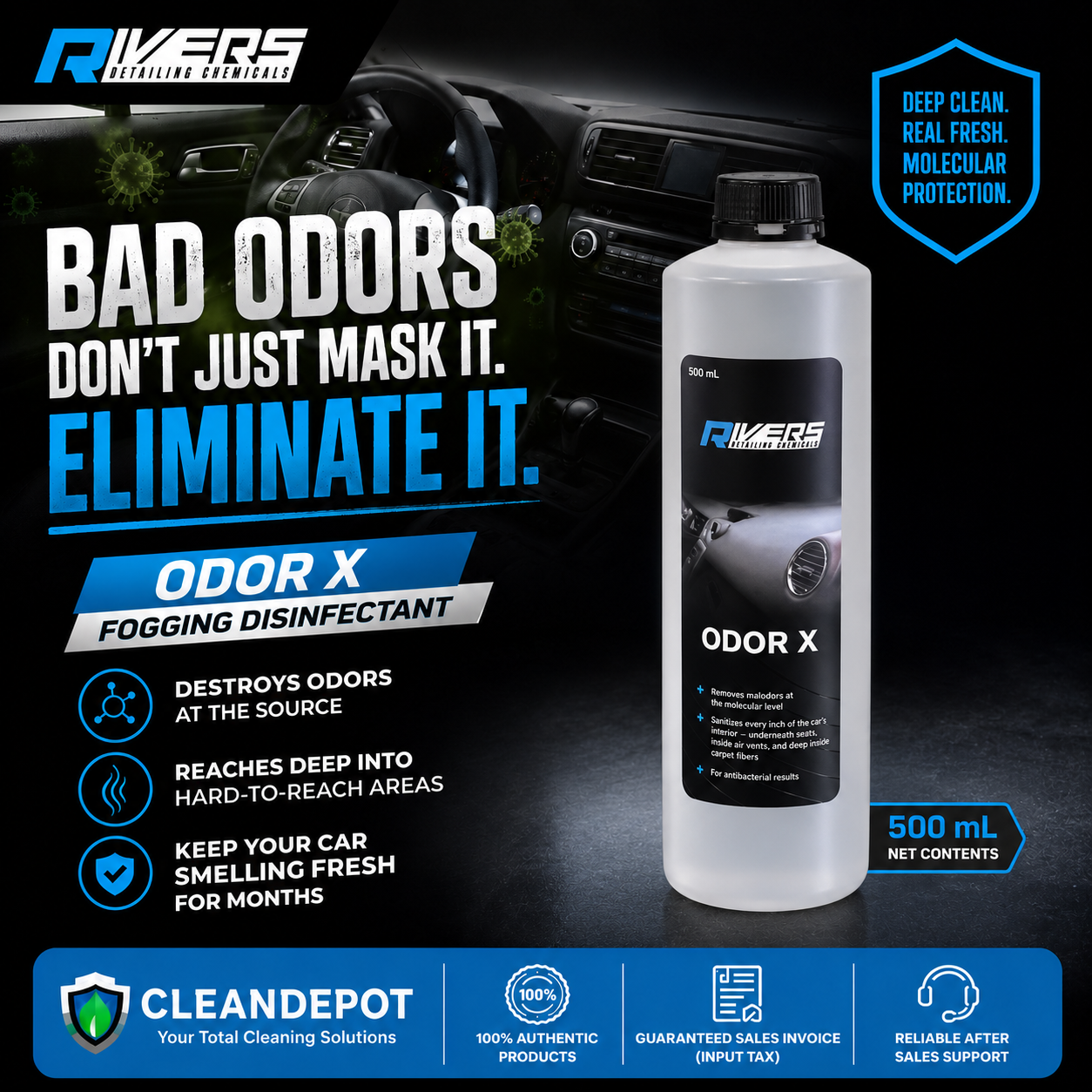 Rivers Odor X Fogging Disinfectant 500mL & 4L | Car Odor Eliminator & Interior Sanitizer