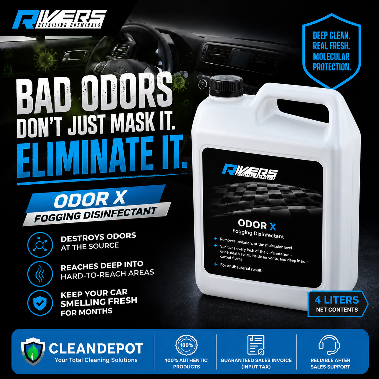 Rivers Odor X Fogging Disinfectant 500mL & 4L | Car Odor Eliminator & Interior Sanitizer