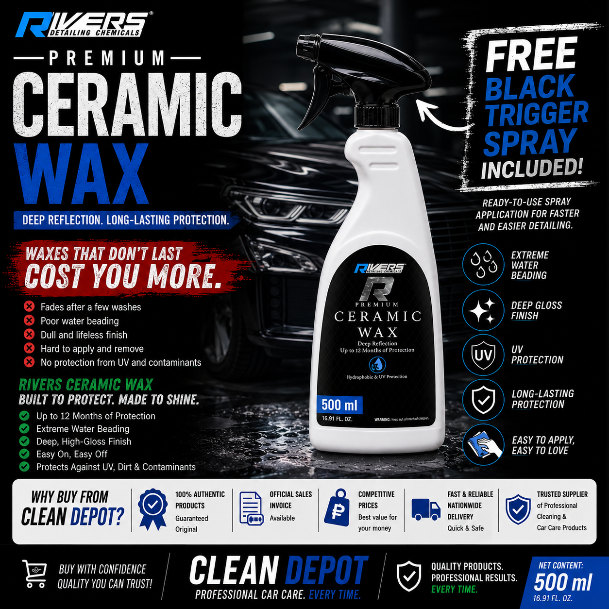 Rivers Premium Ceramic Wax 500ml | Up to 12 Months Protection, Deep Gloss & Water Beading