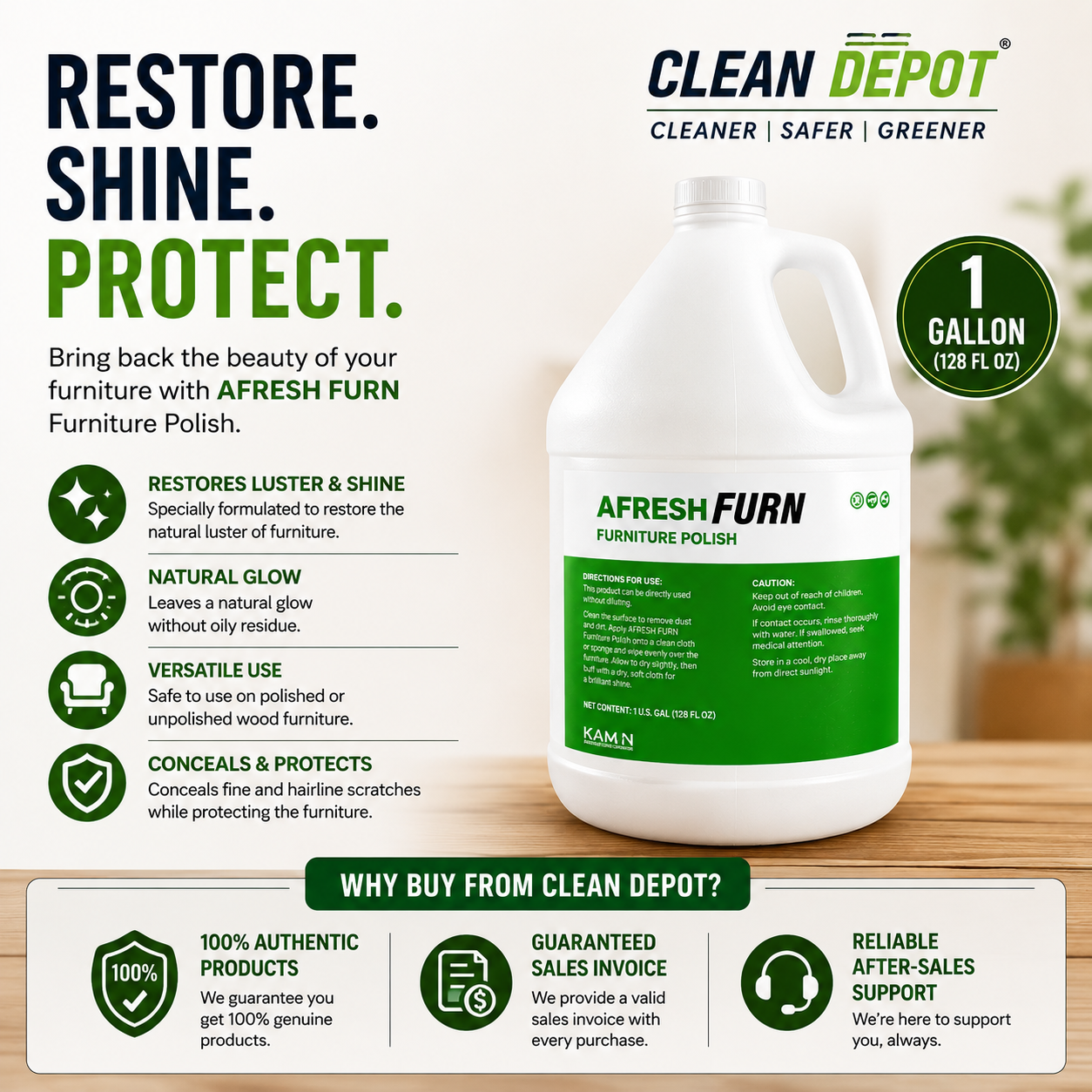 AFRESH FURN Furniture Polish 1 Gallon | Restores Shine, Conceals Scratches & Protects Wood Furniture