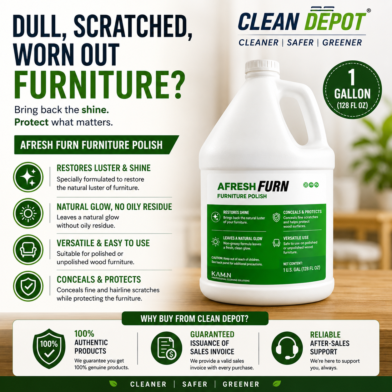 AFRESH FURN Furniture Polish 1 Gallon | Restores Shine, Conceals Scratches & Protects Wood Furniture