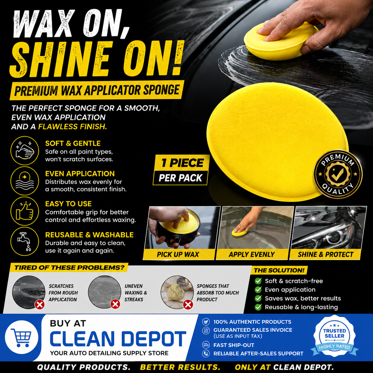 Premium Wax Applicator Sponge 1pc | Soft Foam Pad for Car Wax, Polish & Sealant