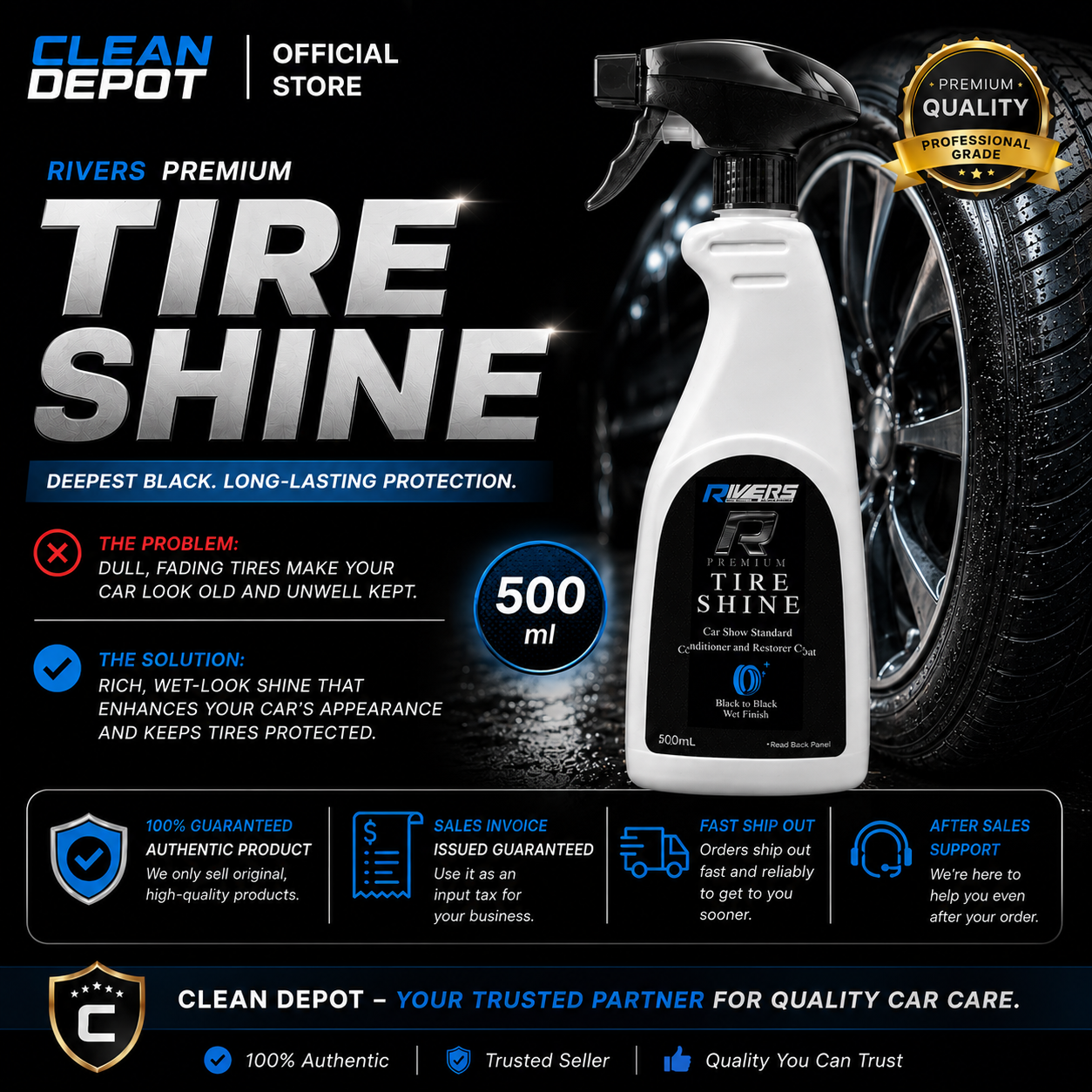 Rivers Premium Tire Shine 500ml | Deep Black Wet Look Tire Restorer & Protectant