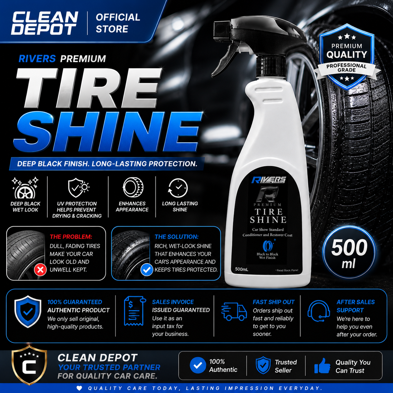 Rivers Premium Tire Shine 500ml | Deep Black Wet Look Tire Restorer & Protectant