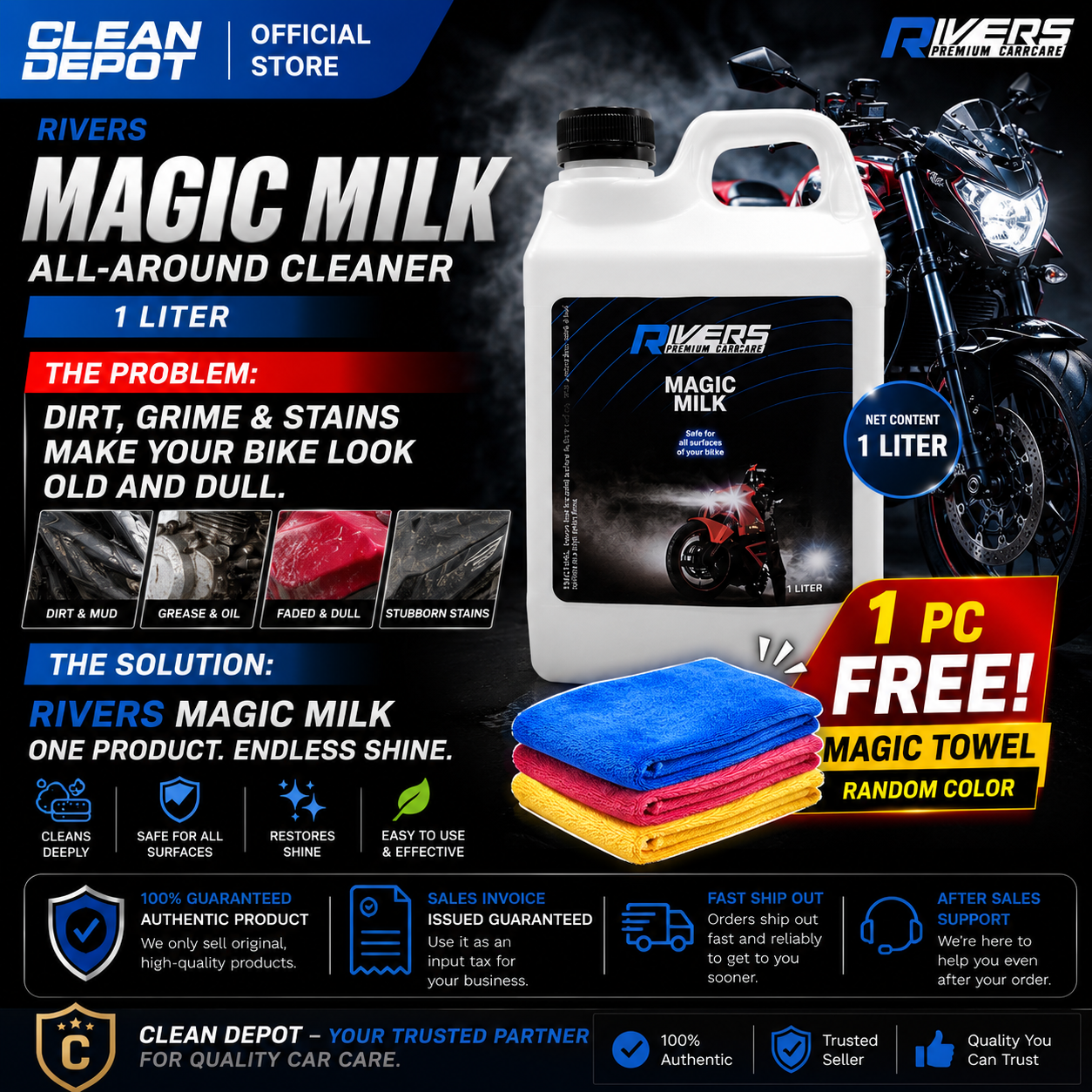 Rivers Magic Milk Motorcycle Shine 500mL Trigger Spray | 1 Liter | 1 Gallon (4L) Bike Detailer