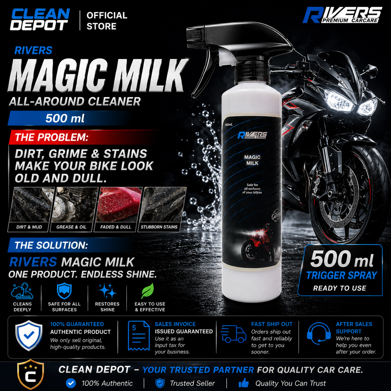 Rivers Magic Milk Motorcycle Shine 500mL Trigger Spray | 1 Liter | 1 Gallon (4L) Bike Detailer