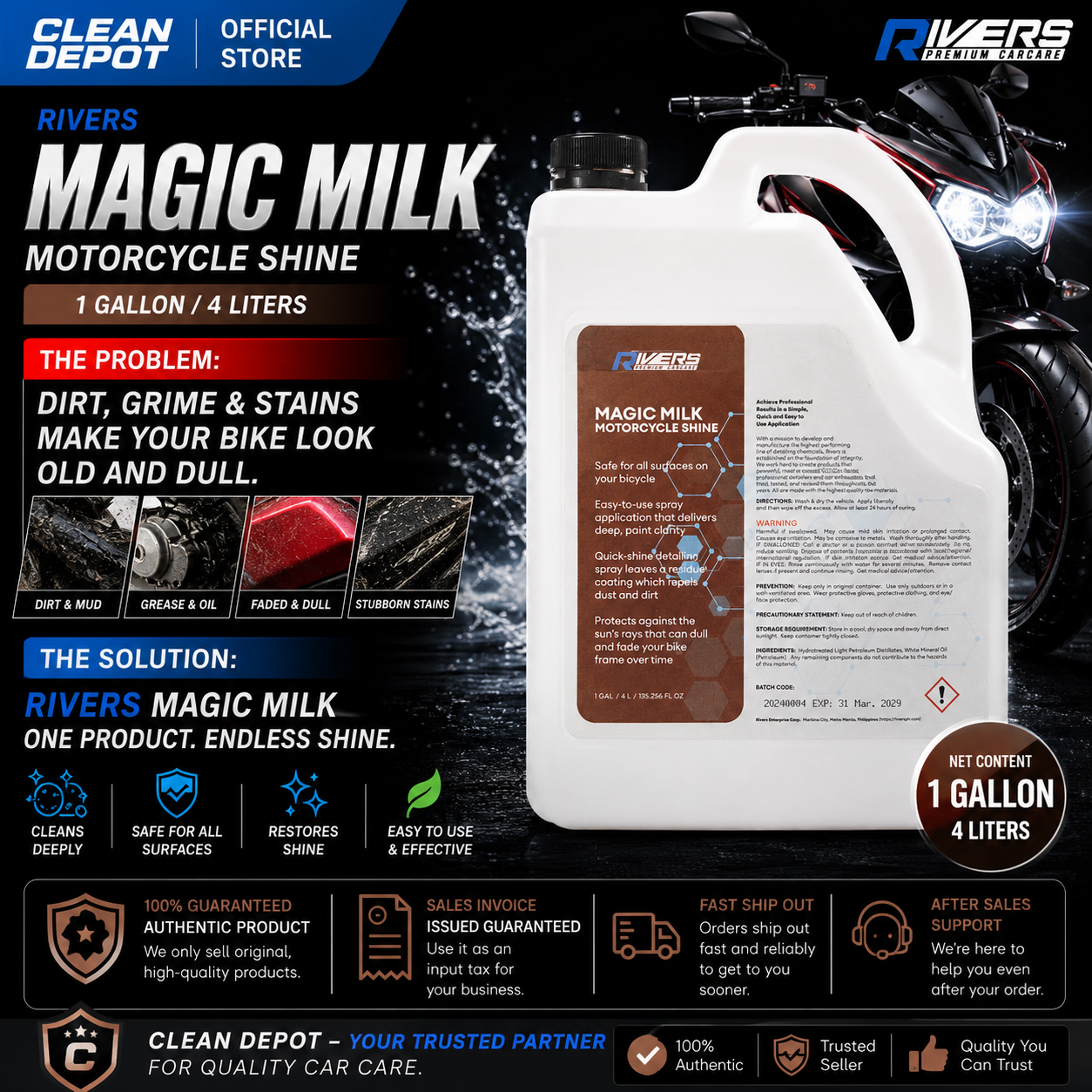 Rivers Magic Milk Motorcycle Shine 500mL Trigger Spray | 1 Liter | 1 Gallon (4L) Bike Detailer