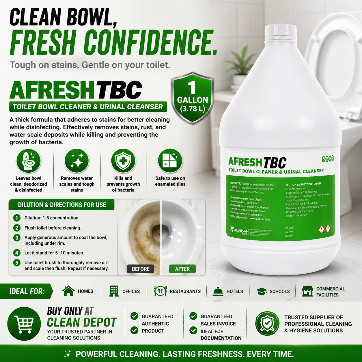AFRESH TBC Toilet Cleaner 1 Gallon | Powerful Bathroom Cleaning Solution