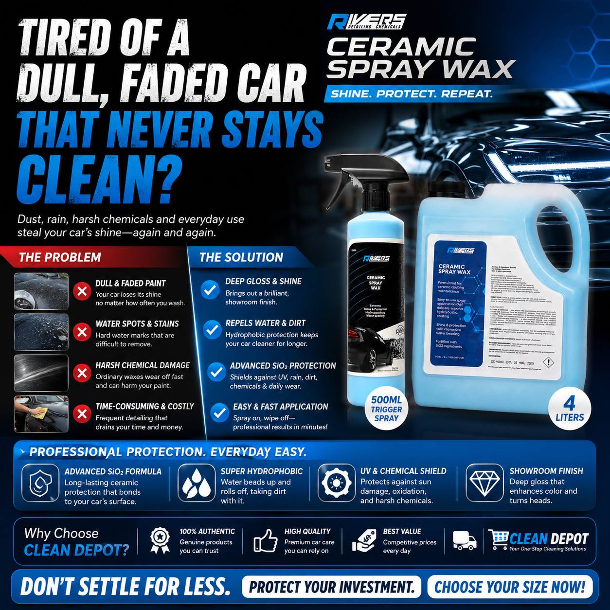 Rivers Ceramic Spray Wax 500ml Trigger Spray + 4L Refill | SiO2 Hydrophobic Coating