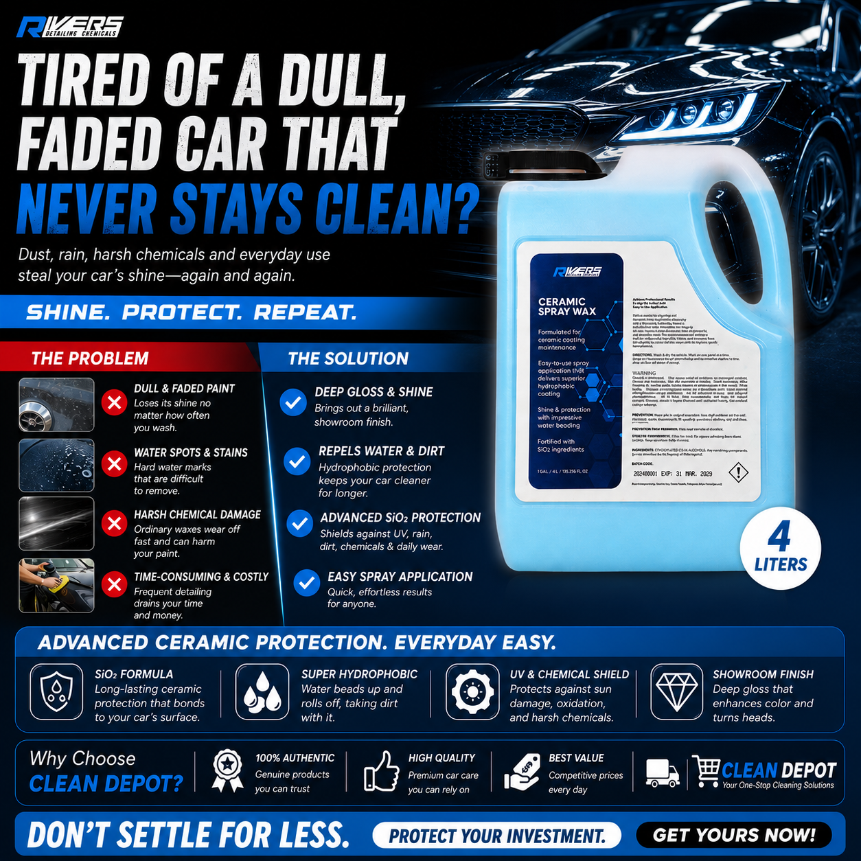 Rivers Ceramic Spray Wax 500ml Trigger Spray + 4L Refill | SiO2 Hydrophobic Coating