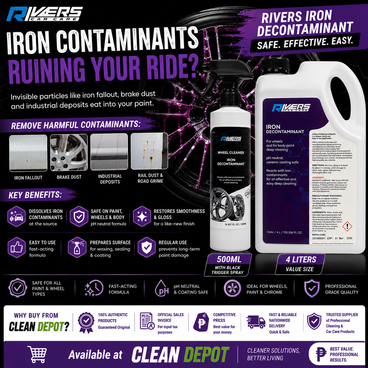 Rivers Iron Decontaminant 500ml & 4L | Iron Fallout Remover for Wheels & Paint