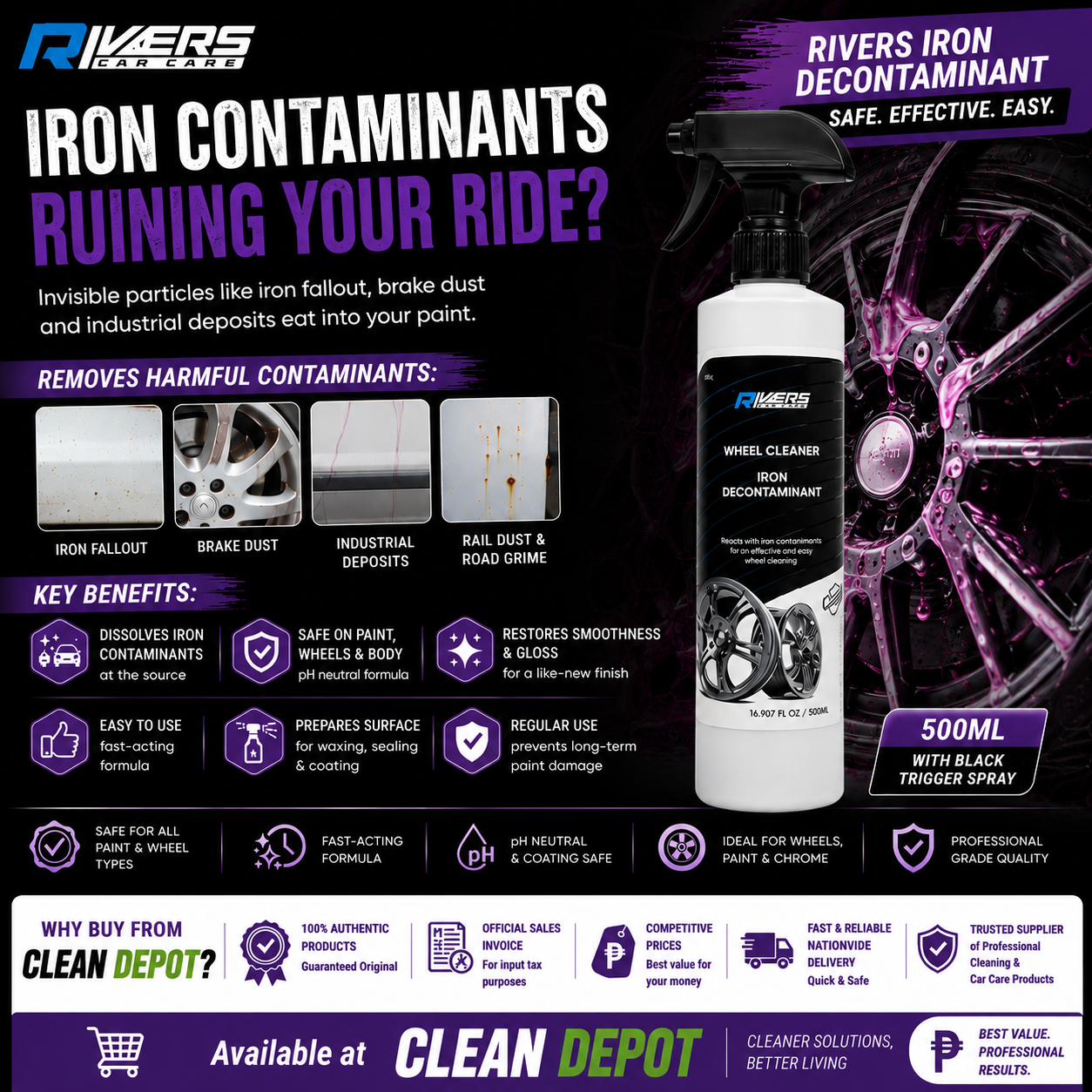 Rivers Iron Decontaminant 500ml & 4L | Iron Fallout Remover for Wheels & Paint