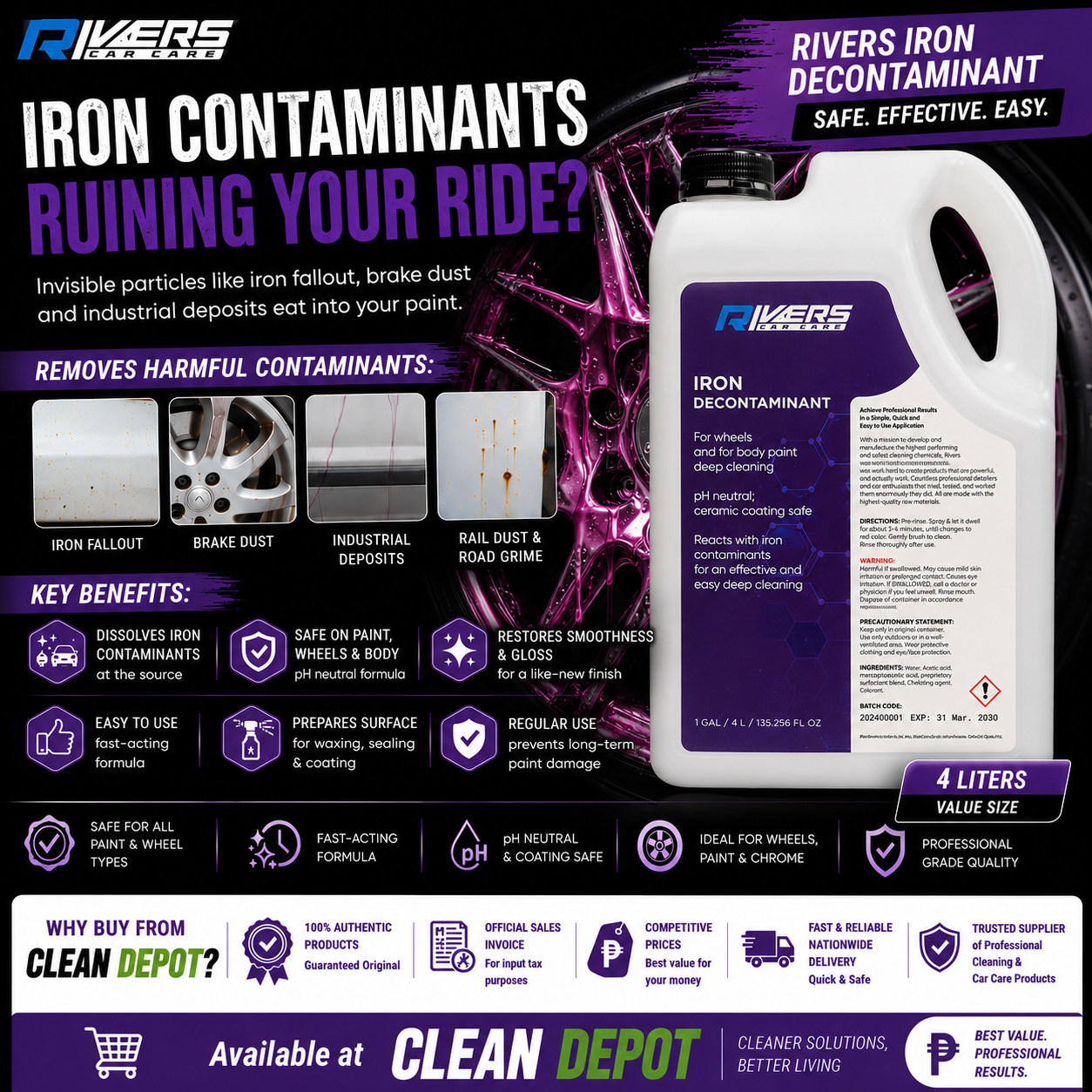 Rivers Iron Decontaminant 500ml & 4L | Iron Fallout Remover for Wheels & Paint