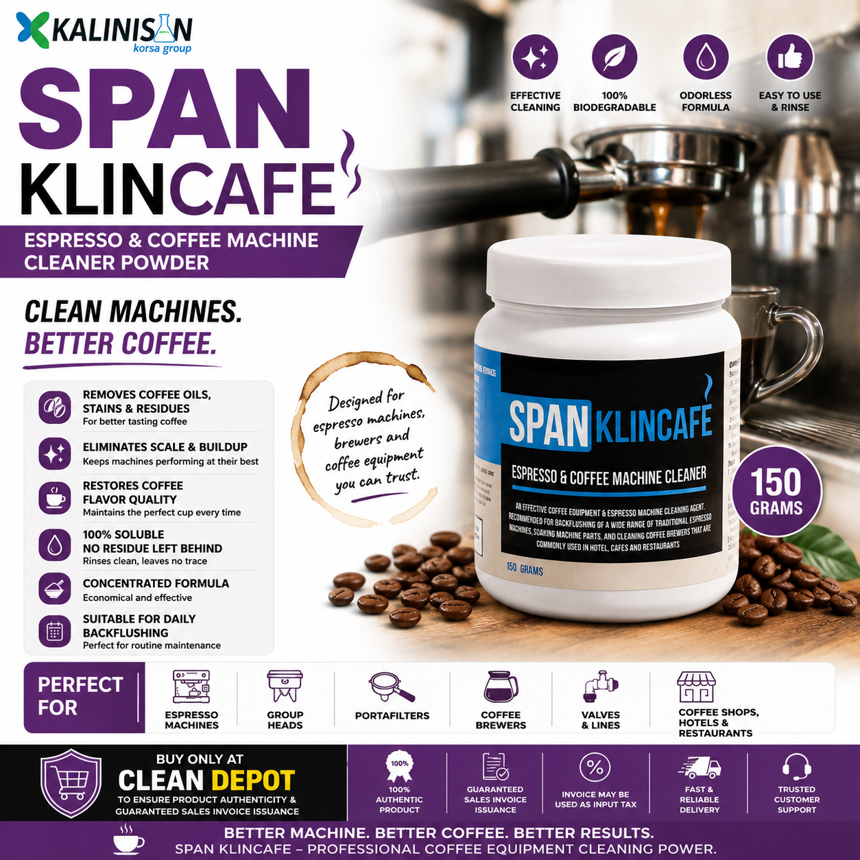 SPAN KlinCafe Espresso & Coffee Machine Cleaner Powder 150g | Coffee Oil & Scale Remover