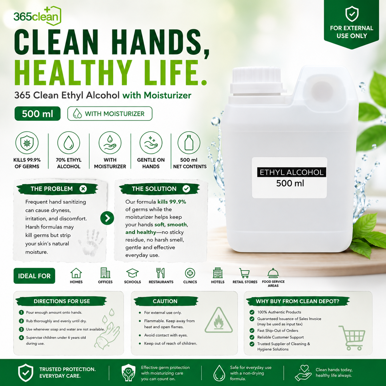 365 Clean Ethyl Alcohol with Moisturizer | 70% Solution Antiseptic 500ml & 1 Gallon