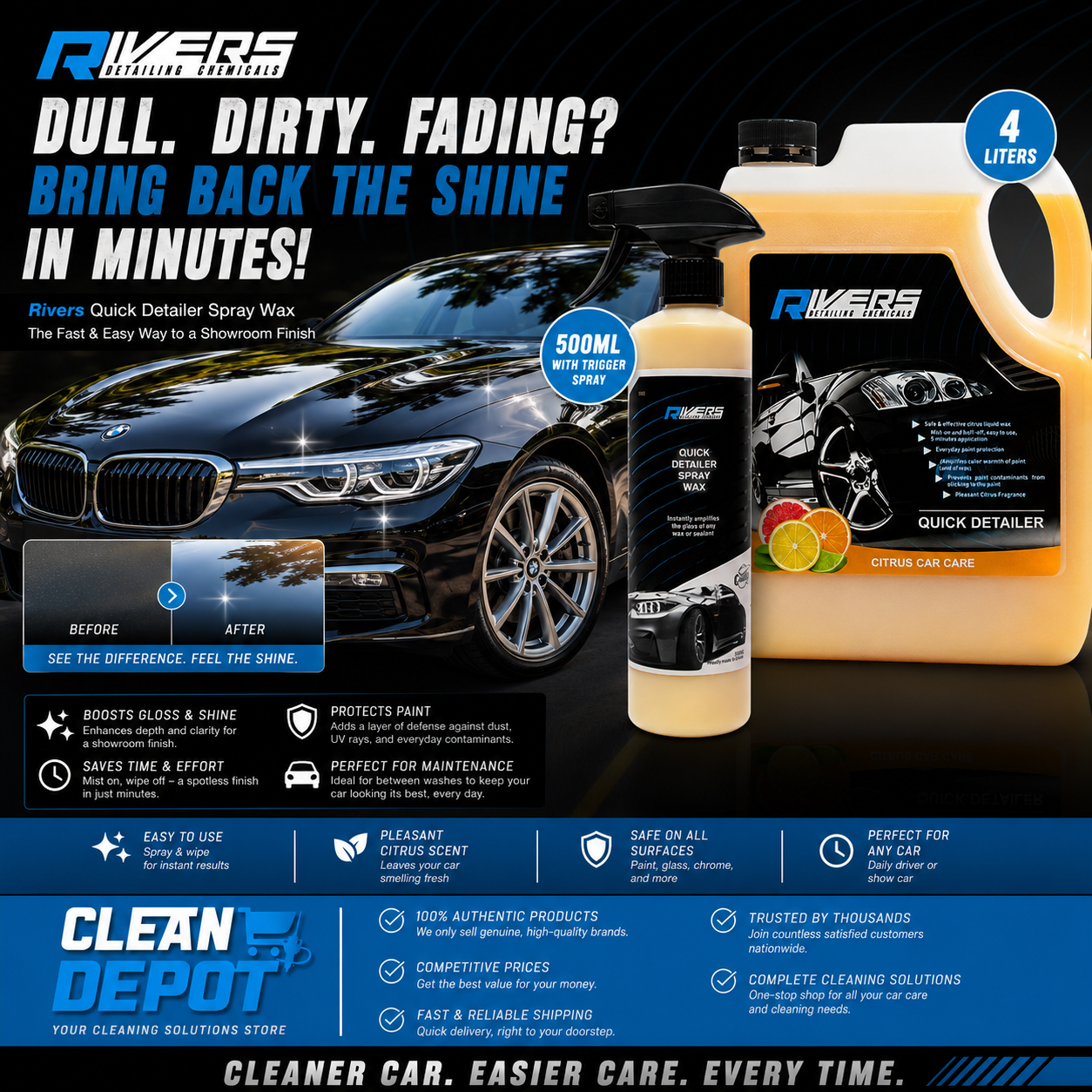 Rivers Quick Detailer Spray Wax 500ml & 4L | Instant Gloss, Shine & Paint Protection