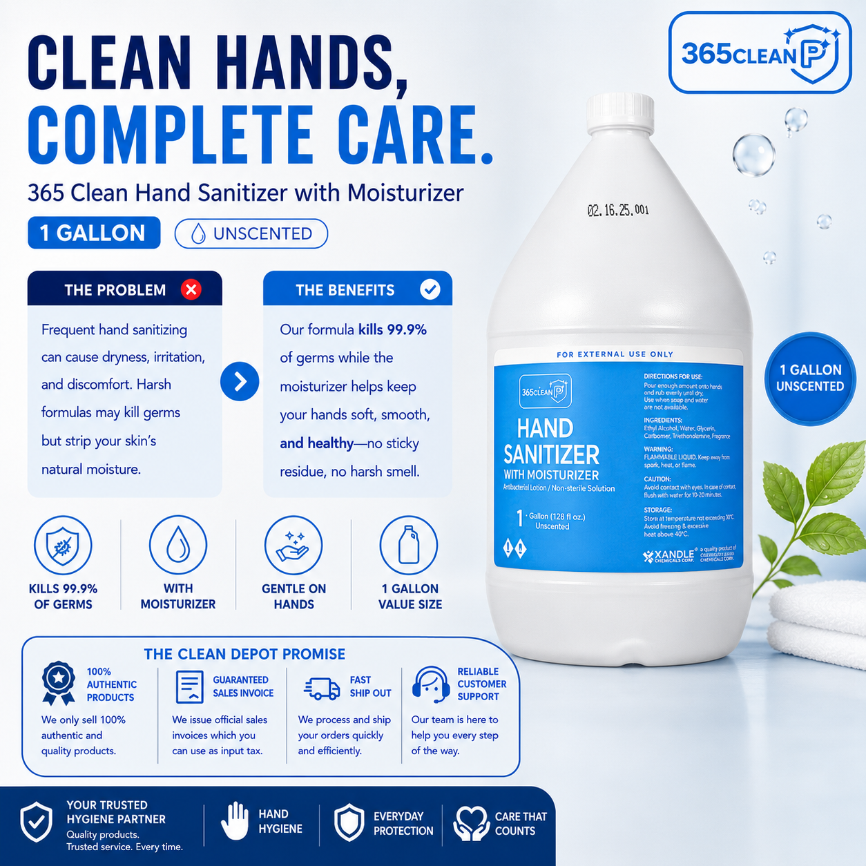 365 Clean Hand Sanitizer with Moisturizer 1 Gallon Unscented | 70% Alcohol Kills 99.9% Germs