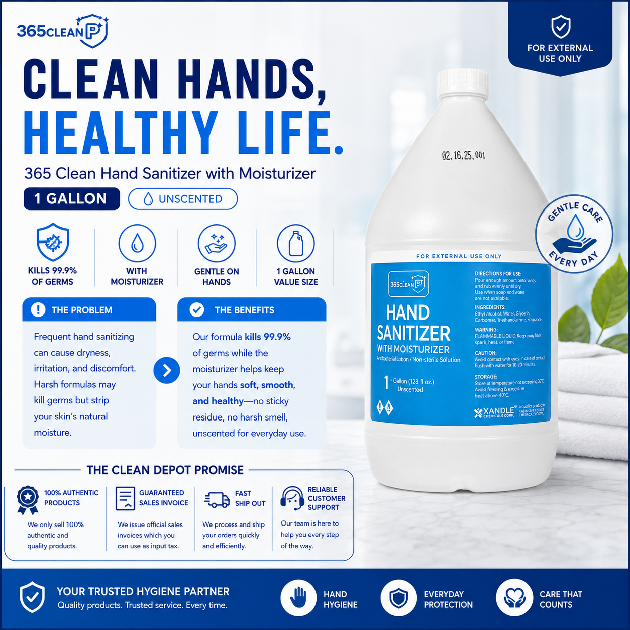 365 Clean Hand Sanitizer with Moisturizer 1 Gallon Unscented | 70% Alcohol Kills 99.9% Germs