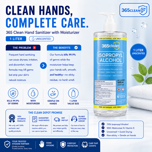 365 Clean Hand Sanitizer with Moisturizer 1 Liter Unscented | 70% Alcohol Kills 99.9% Germs