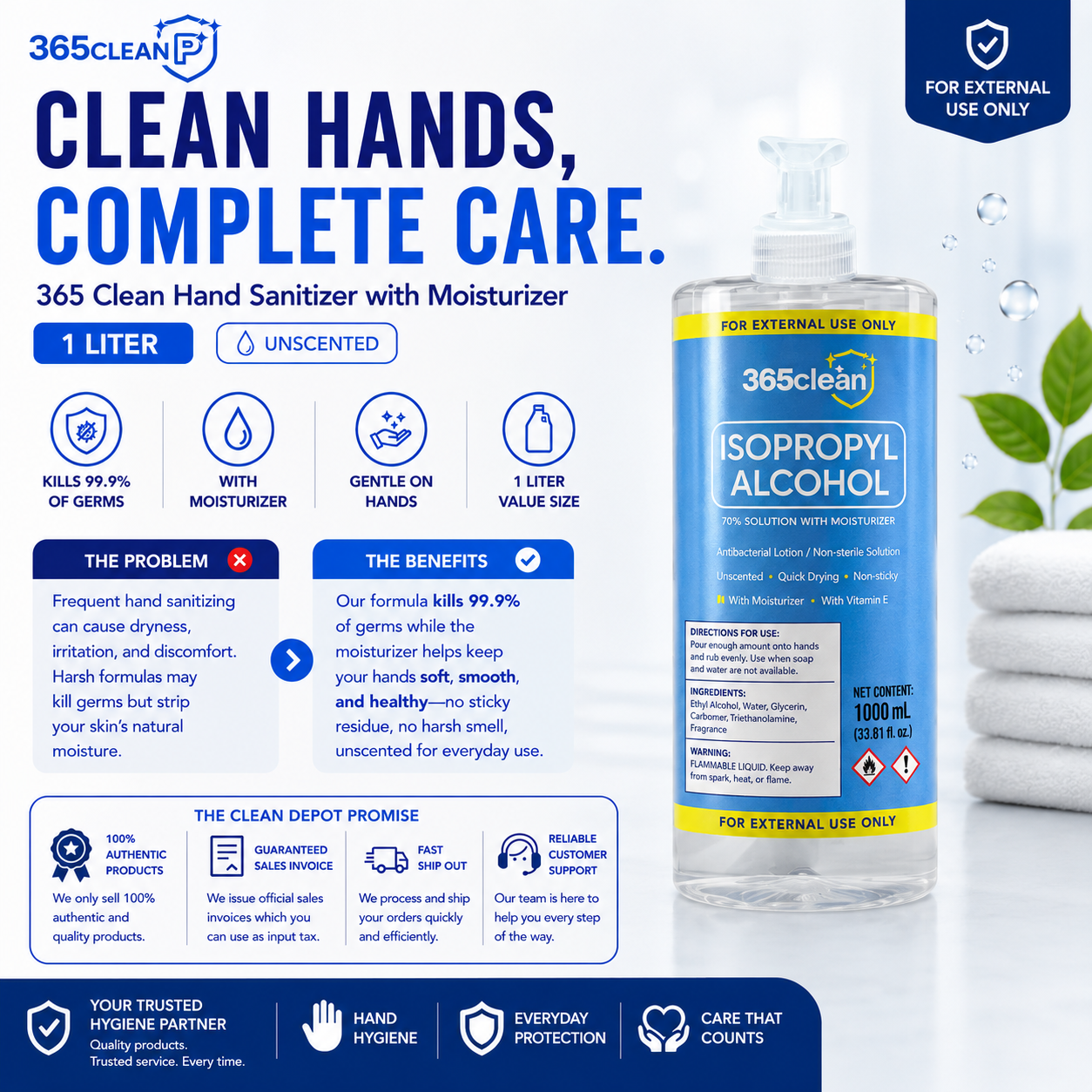 365 Clean Hand Sanitizer with Moisturizer 1 Liter Unscented | 70% Alcohol Kills 99.9% Germs