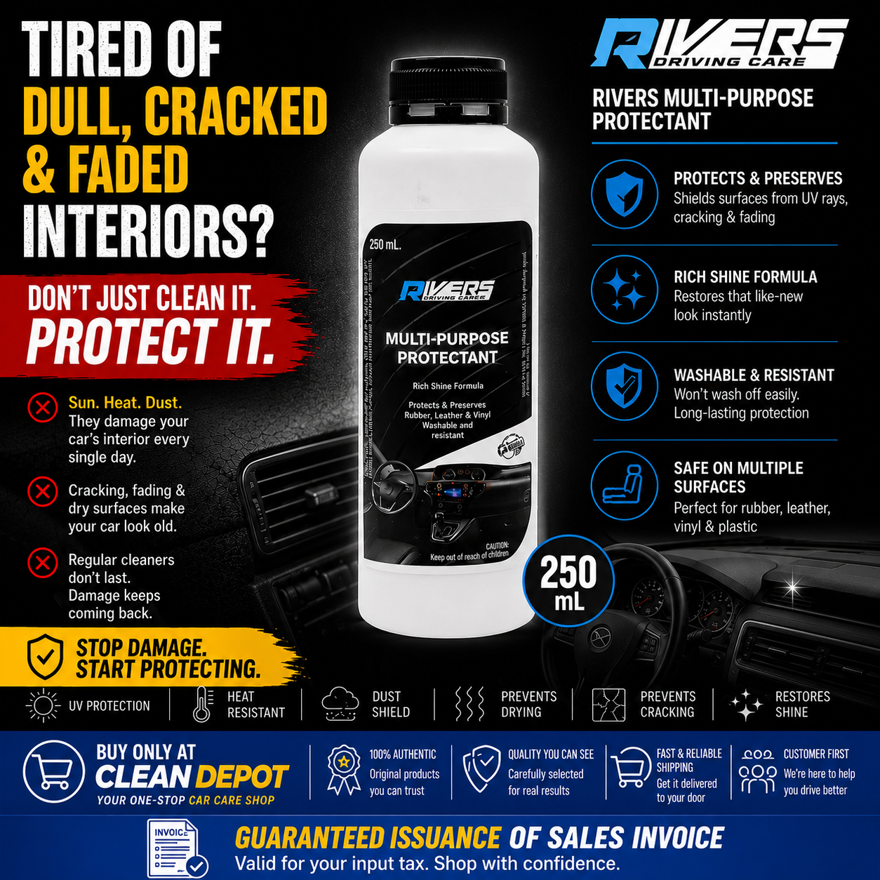 Rivers Multi-Purpose Protectant 250mL | Restores Shine & Protects Vinyl, Rubber & Leather