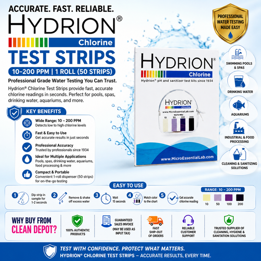 Hydrion Chlorine Test Strips 10-200 PPM | 50 Test Strips for Water & Sanitizer Testing