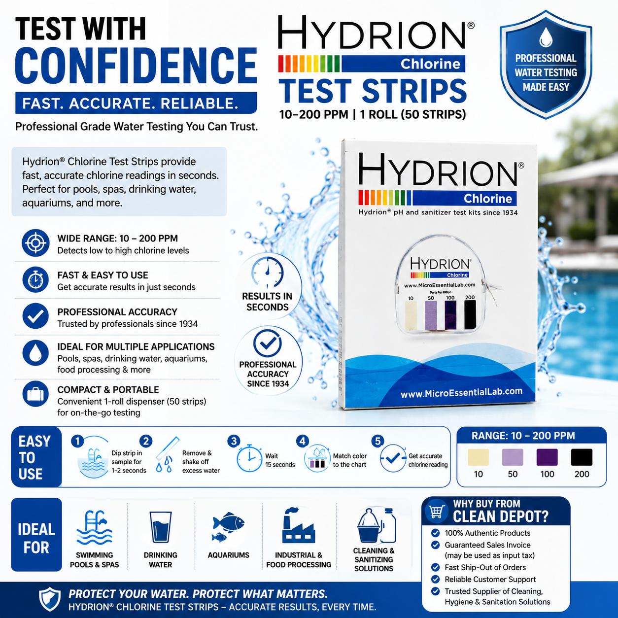 Hydrion Chlorine Test Strips 10-200 PPM | 50 Test Strips for Water & Sanitizer Testing