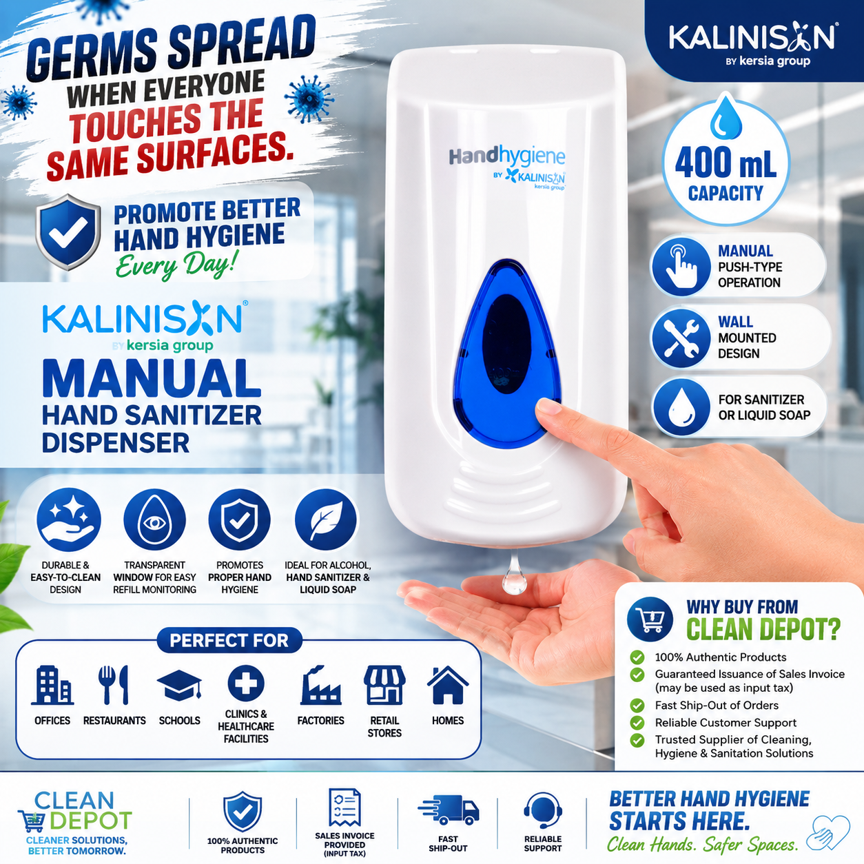 Kalinisan Manual Hand Sanitizer Dispenser 400mL & 1000mL | Wall Mounted Soap & Sanitizer Dispenser